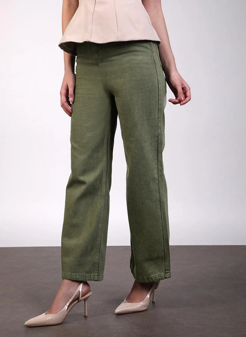 Urbano Fashion  Urbano Fashion Women's Olive Green Regular Fit Wide Leg Washed Jeans for Women | Best Price UAE